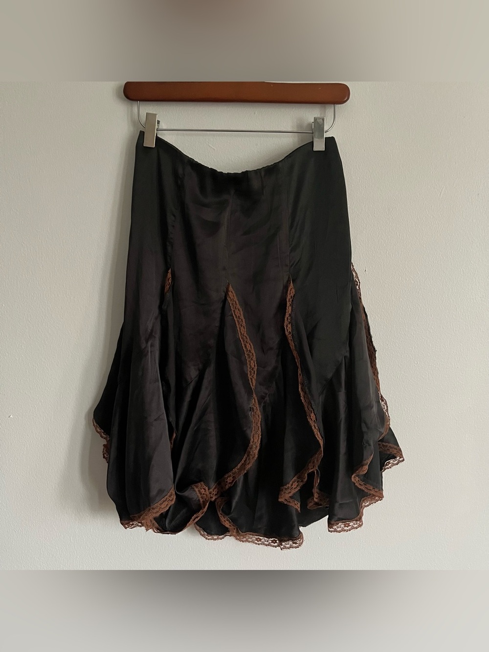 Urban Outfitters Cassie Satin & Lace Ruffle Midi Skirt